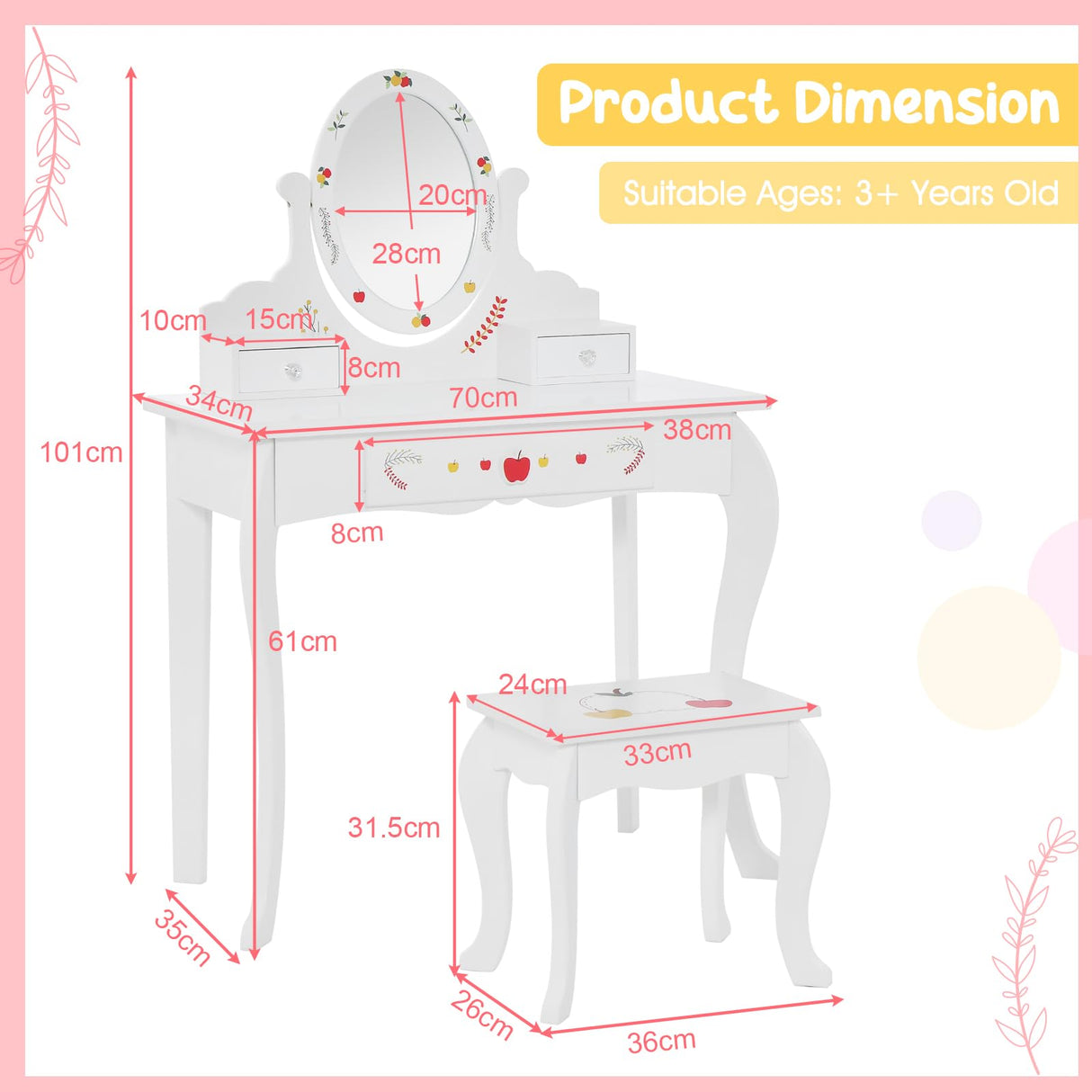 HONEY JOY Kids Vanity & Stool Set, Kids Dressing Table w/360° Rotatable Mirror, Whiteboard, 3 Storage Drawers, Cute Apple Patterns