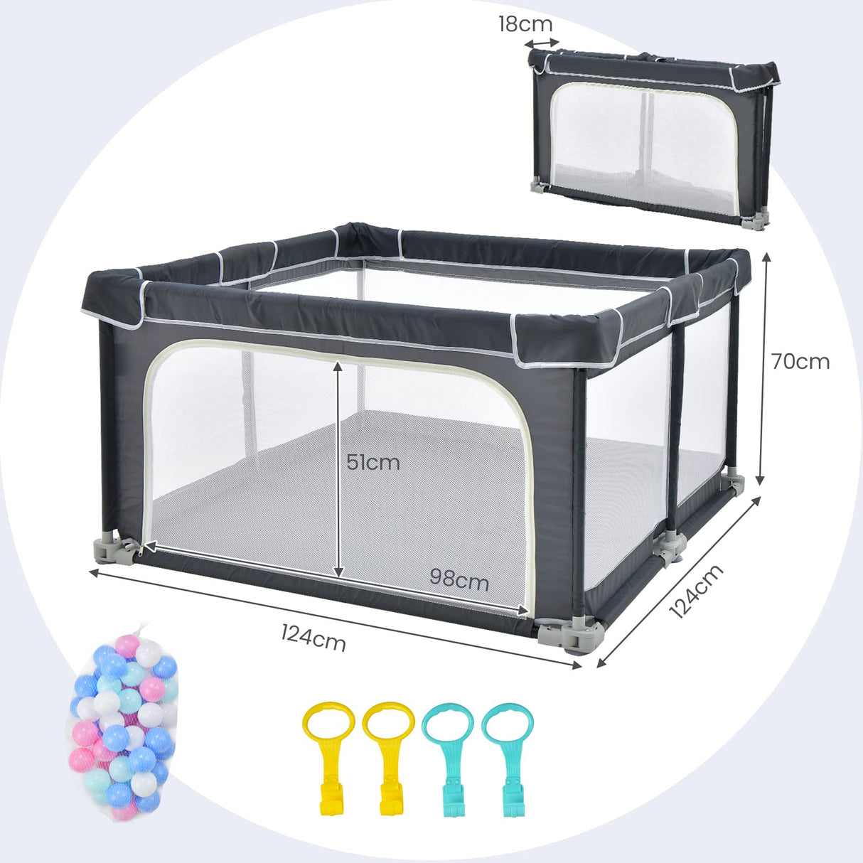 BABY JOY Foldable Baby Playpen, 124 x 124 x 70cm Playpen Activity Center w/50 Balls & 4 Pull Rings for Babies Toddlers