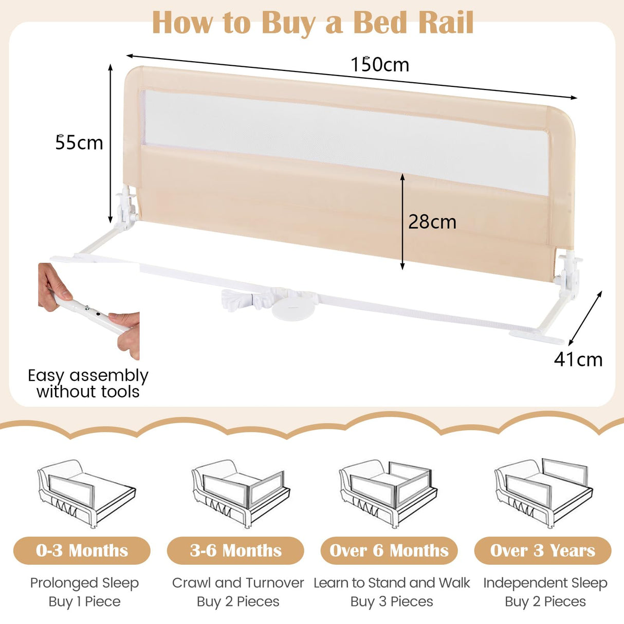 BABY JOY Bed Rail Guard for Toddlers, 150 x 55 cm Foldable Baby Bed Rail w/Safety Strap for Crib