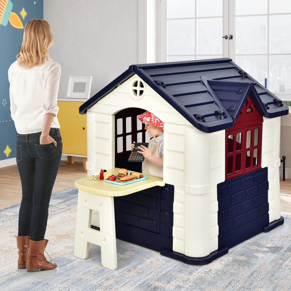 HONEY JOY Playhouse for Kids Outdoor Garden Games Cottage w/Working Doors & Windows, Pretend Toy House w/Picnic Table