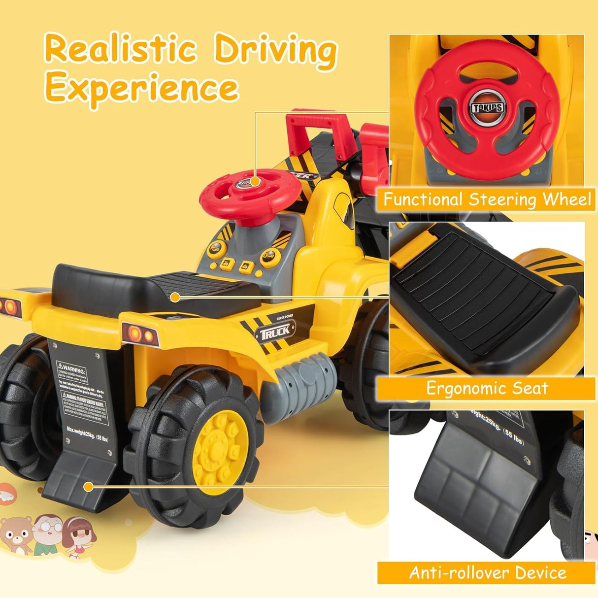 HONEY JOY Kids Ride on Excavator, Construction Digger Pulling Cart with Helmet, 3 Toy Stones