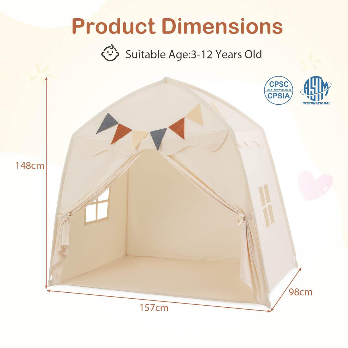 HONEY JOY Large Kids Tent, Indoor Outdoor Dome Tent Playhouse w/Bright Lights, Flags