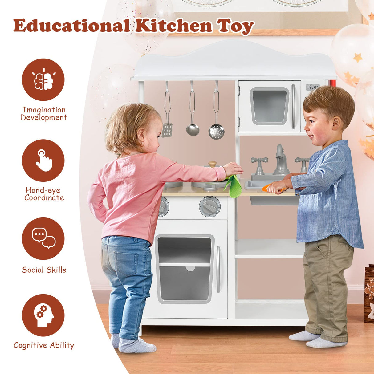 HONEY JOY Kids Kitchen Playset, Wooden Pretend Playset for Toddlers w/Sink, Oven, Microwave, Stove, Pots, Utensils