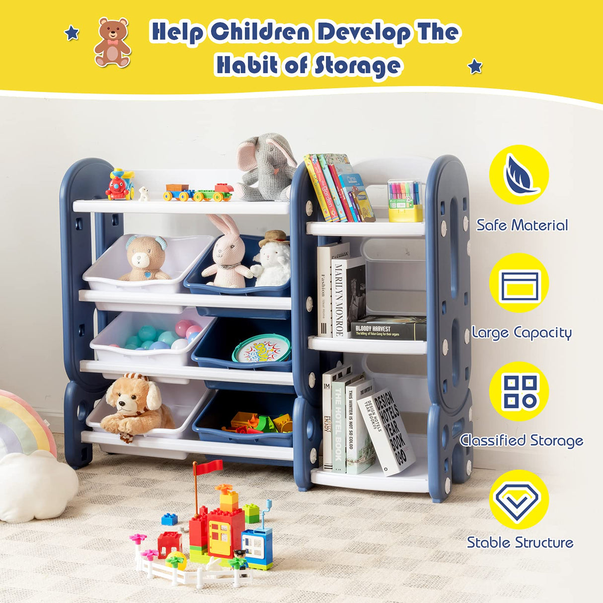 BABY JOY 2 in 1 Kids Toy Storage Organiser with Bookshelf and Toy Collection Shelves