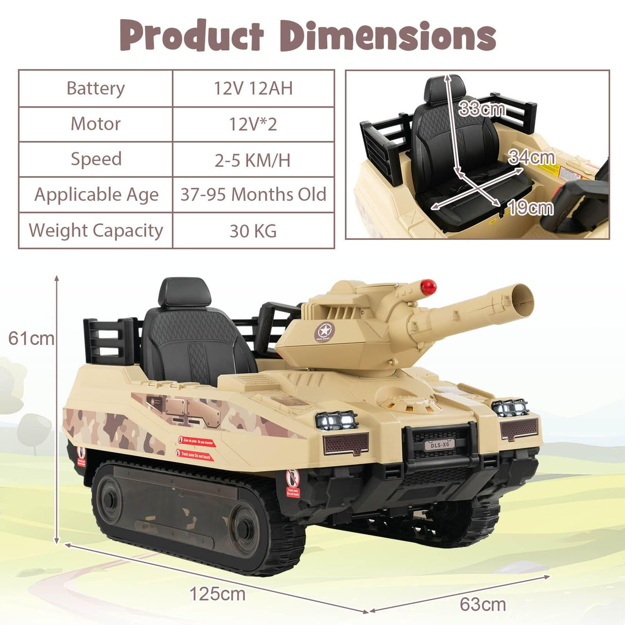 HONEY JOY Electric Kids Ride On Tank, 12V Battery Powered Toy Tank with Rubber Tracks, Rotatable Turret & Working Cannon