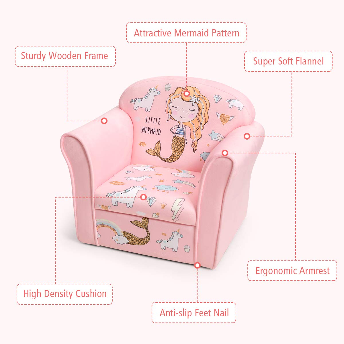 HONEY JOY Kids Sofa, Children Armrest Chair with Cute Pattern, Toddler Furniture (Mermaid)