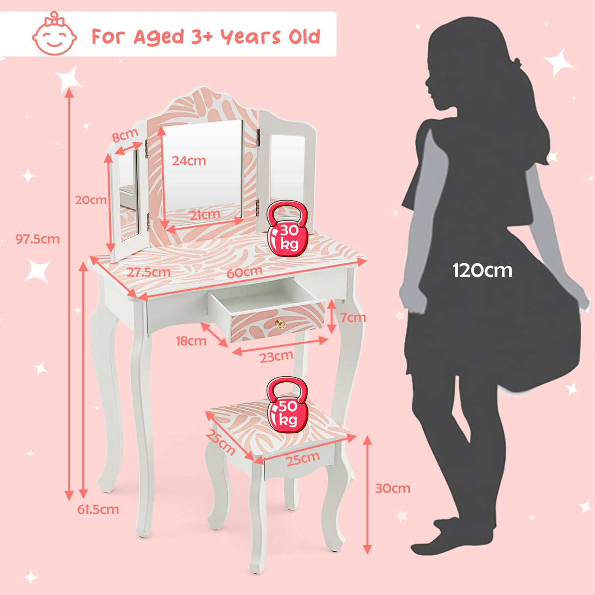 HONEY JOY 2 in 1 Kids Vanity Table Set, Princess Pretend Play Makeup Dressing Table w/Tri-Folding Mirror & Stool