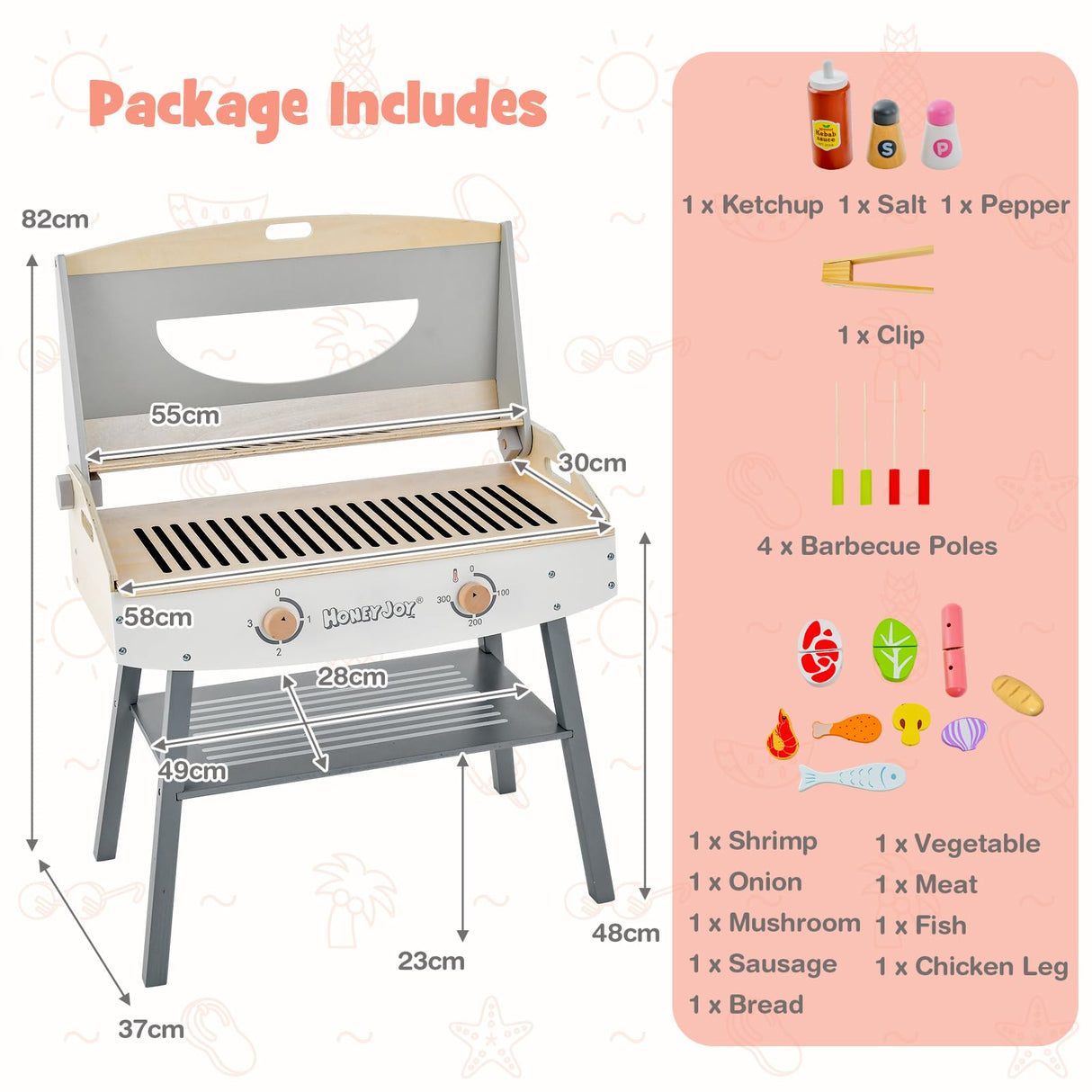 HONEY JOY Kids Barbecue Grill Playset, Wooden Kitchen Playset for Children with 17 Play Food & Barbecue Accessories