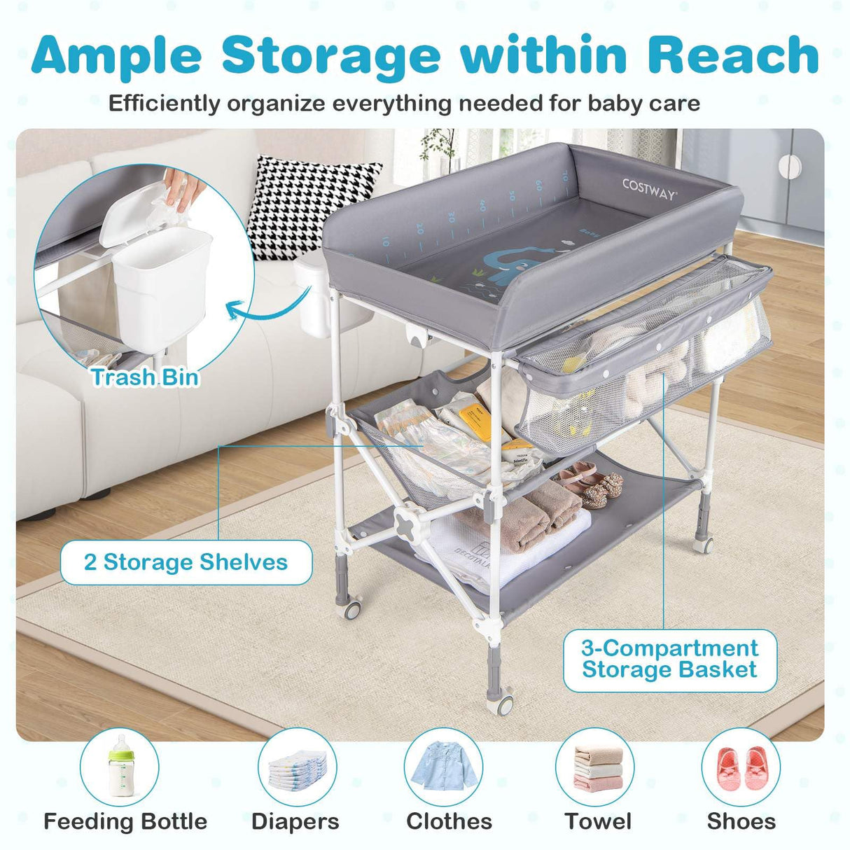 BABY JOY Portable Baby Changing Table w/ Wheels, Foldable Waterproof Diaper Changing Station w/ Adjustable Height