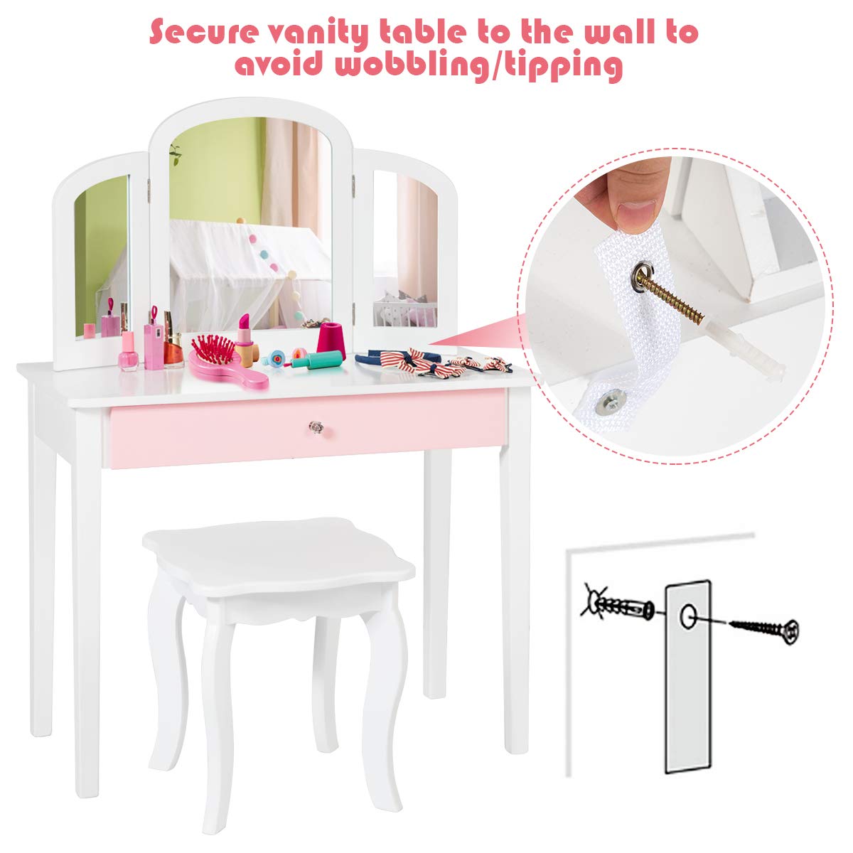 Kids Makeup Table Stool Set with Tri-folding Mirror for Bedroom