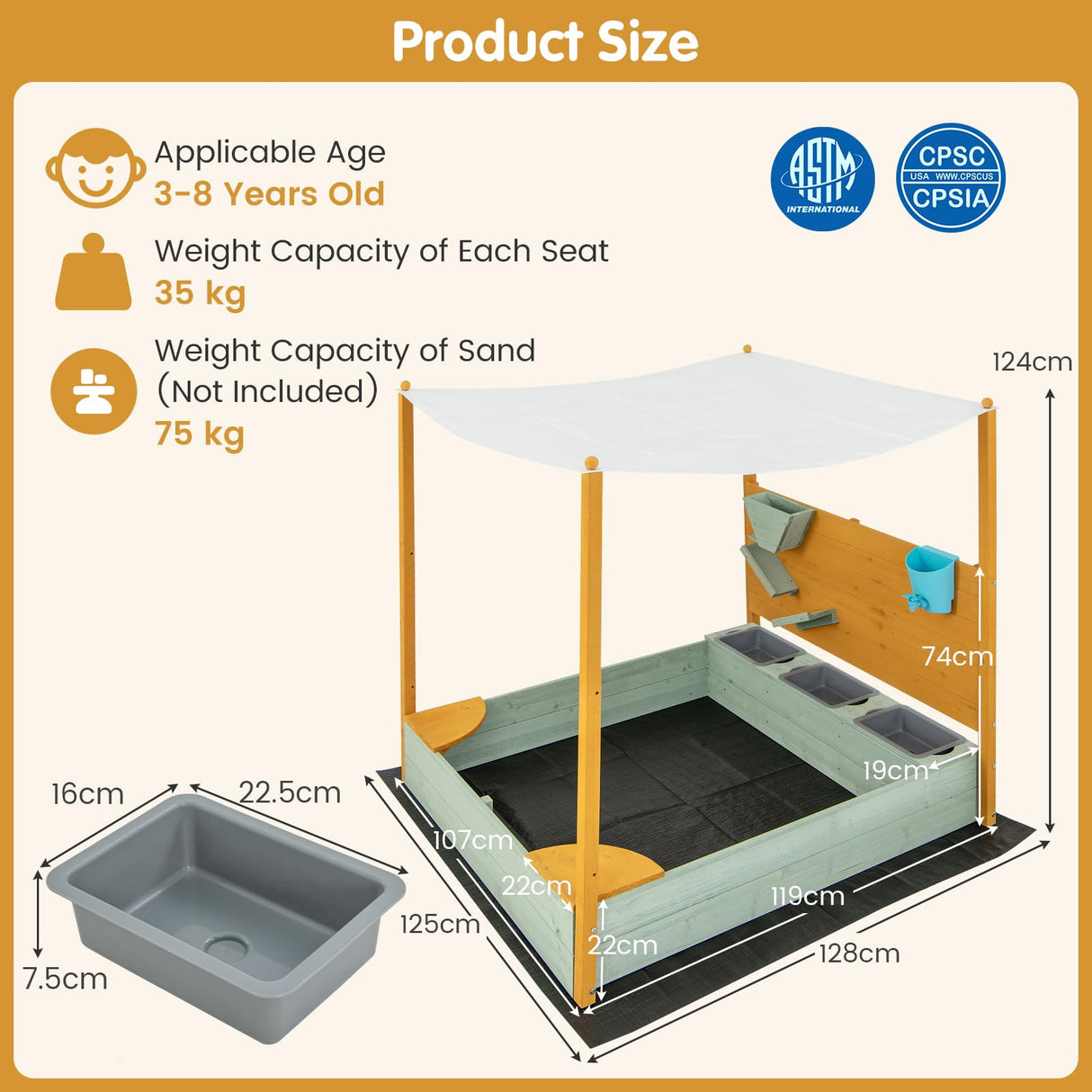 HONEY JOY Kids Sandbox with Sand Wall, Wooden Sandpit for 3-8 Years w/Removable Canopy