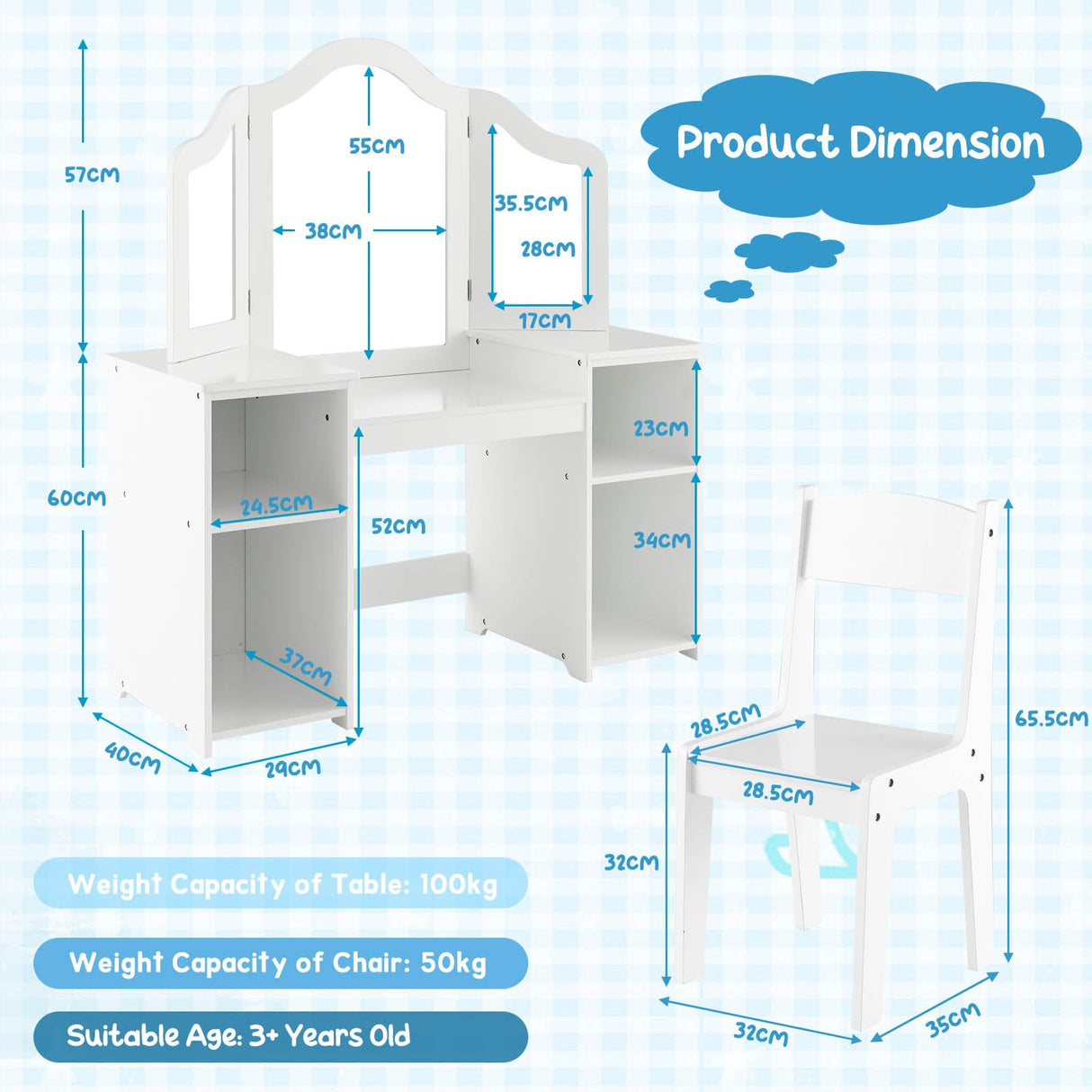 HONEY JOY 2 in 1 Kids Vanity Table & Chair Set, Princess Vanity Table with Removable Tri-fold Mirror