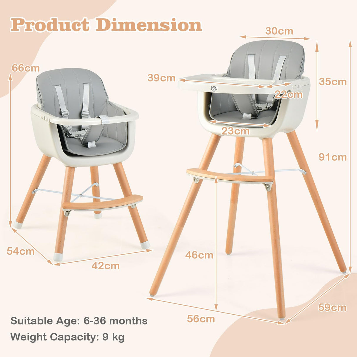 BABY JOY Convertible Baby High Chair, 3-in-1 Wooden High Chair/Booster/Chair with Removable Tray