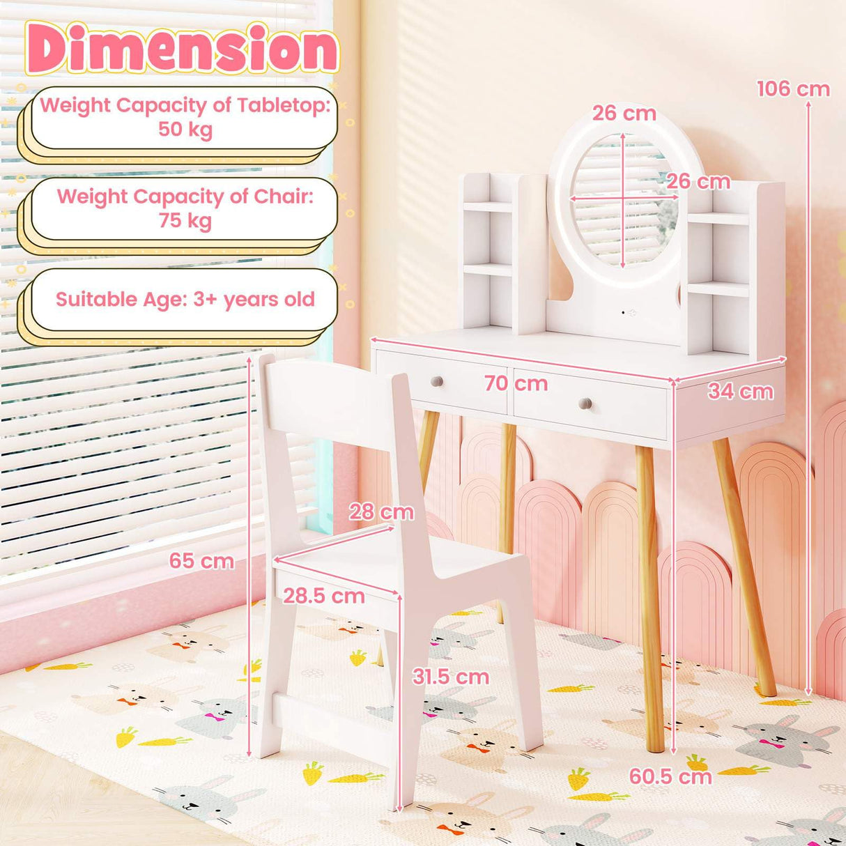 Wooden Kids Vanity Set Makeup Dressing Table w/ 2-Color LED Lighted Mirror Stool