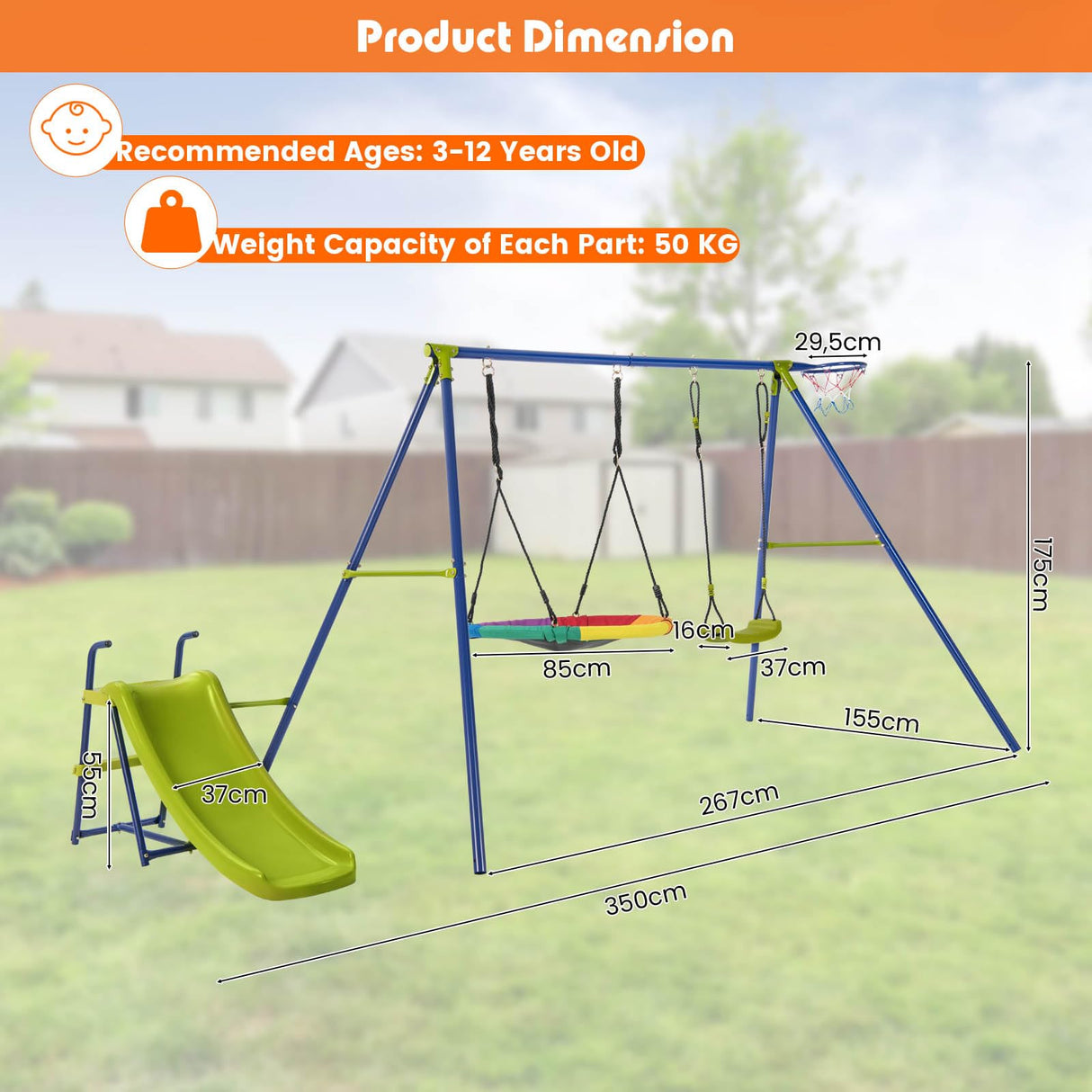 HONEY JOY 4-in-1 Swing Set, Heavy-Duty Metal Playset with Slide, Basketball Hoop