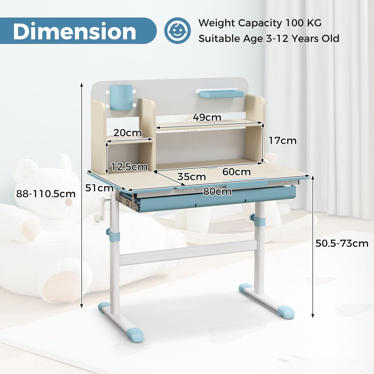 HONEY JOY Kids Study Desk, Height Adjustable Children Writing Table w/Tilt Desktop, Home School Student Learning Desk w/Hutch