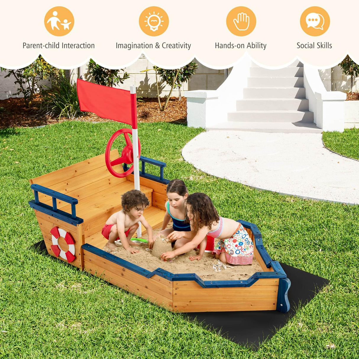 HONEY JOY Wooden Kids Sandbox Outdoor Play Sandpit Toy w/2-in-1 Storage Benches