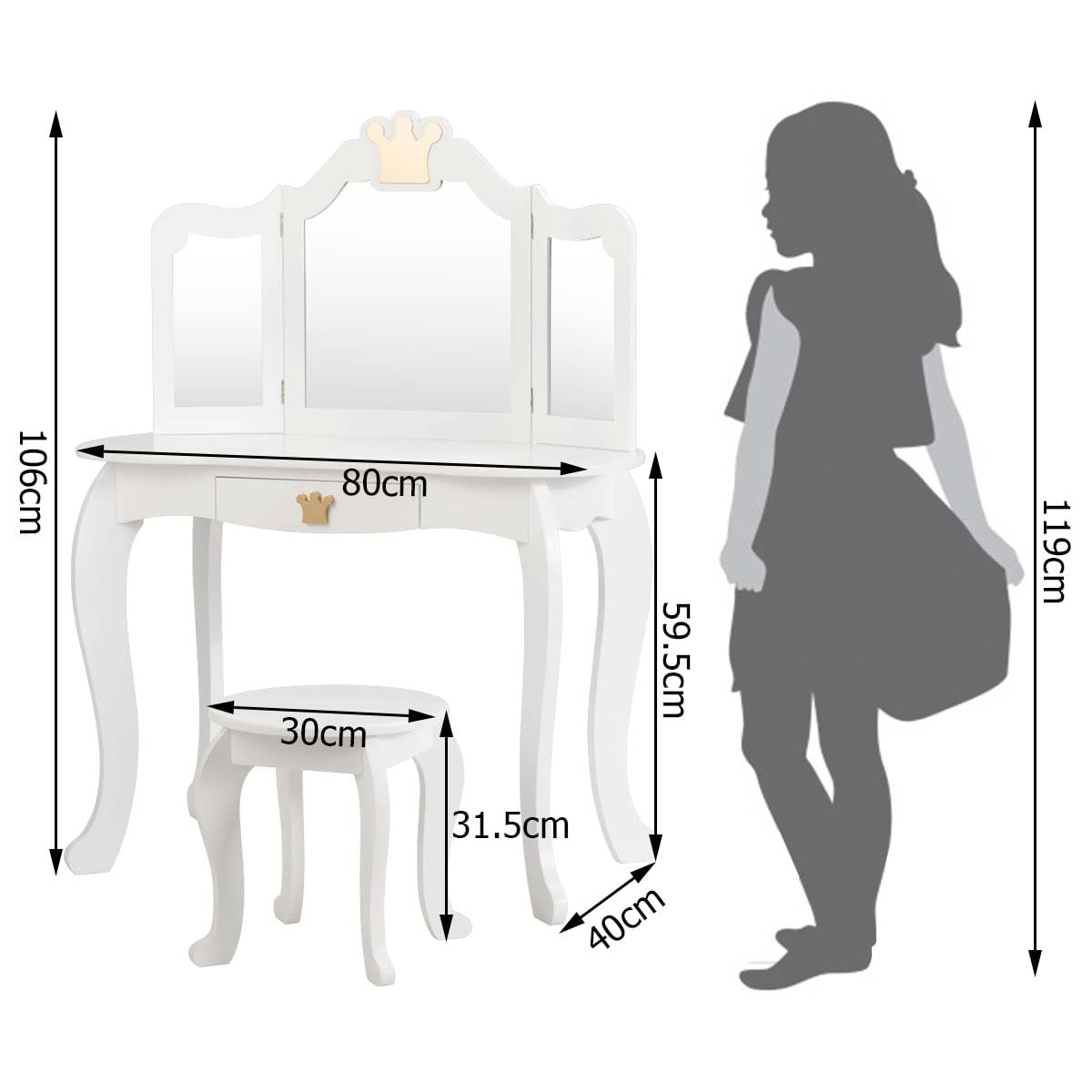 HONEY JOY 2-in-1 Kids Dressing Table & Stool Set, Toddler Wooden Vanity Table with Tri-Fold Mirror & Drawer