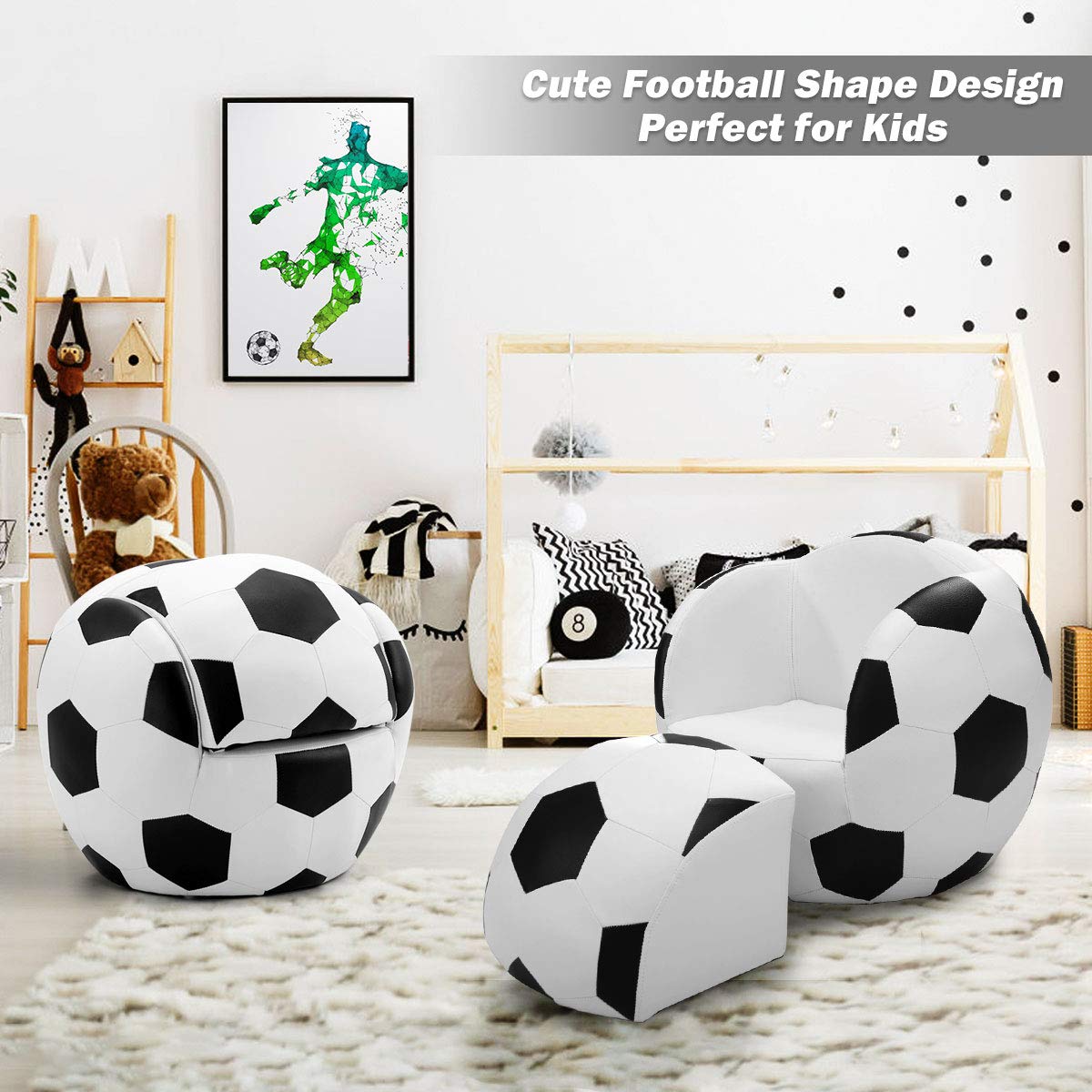 HONEY JOY Kids Sofa with Ottoman, Children Couch Armchair w/Footstool, Football Shaped Armrest Chair