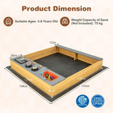 HONEY JOY Wooden Sandbox, Kids Sand Pit with Kitchen Playset Accessories and Built-in Bench Seat