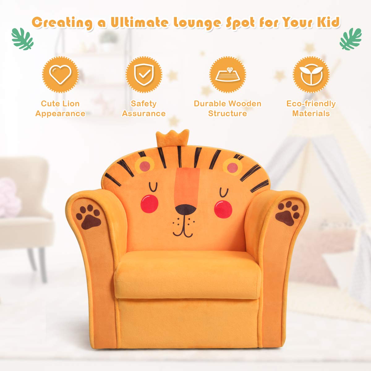 HONEY JOY Kids Sofa, Children Armrest Chair with Cute Pattern, Armrest Couch for Children (Lion)