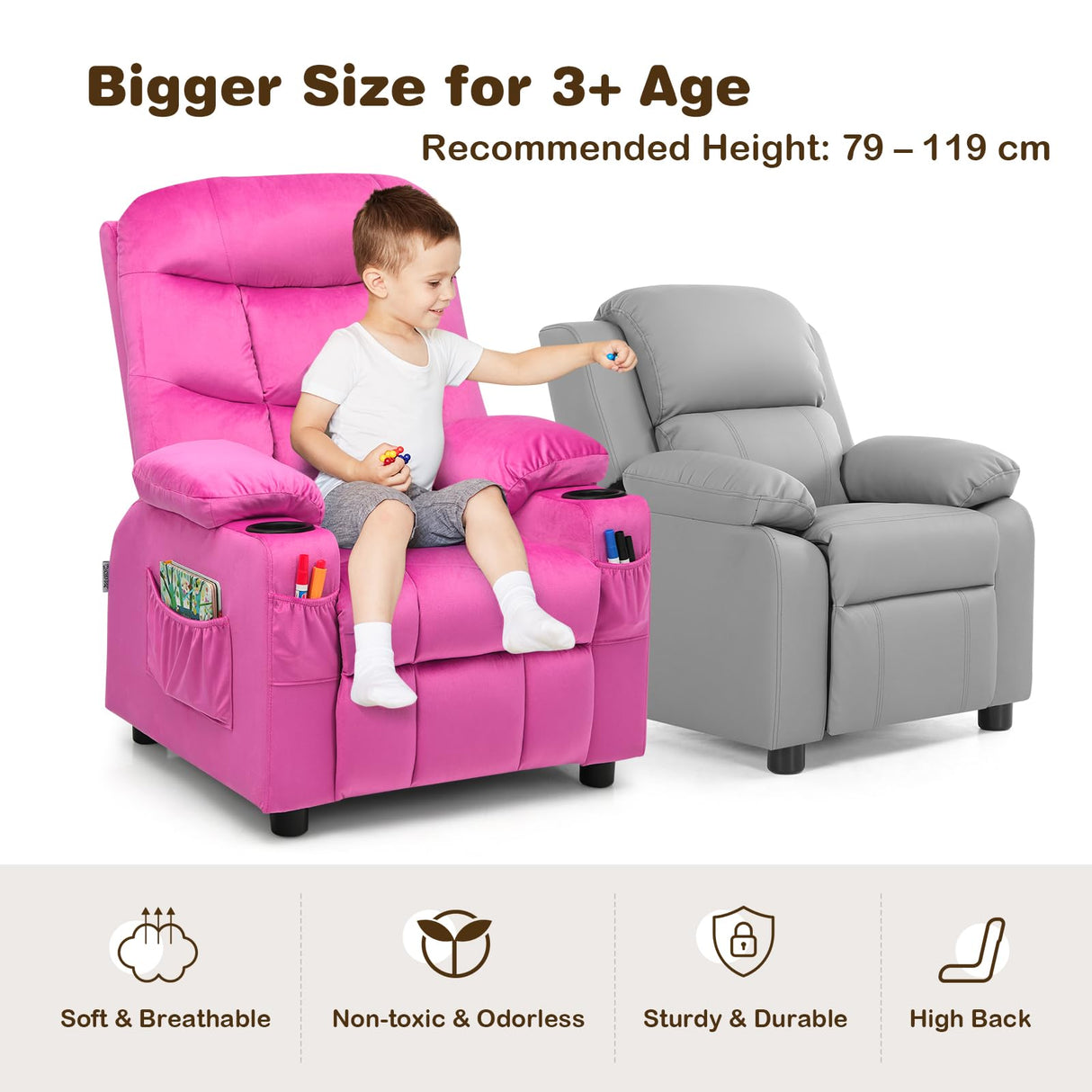 HONEY JOY Kids Recliner Chair with Cup Holder, Adjustable Velvet Lounge Chair w/Footrest & Side Pockets for Children Boys Girls Room