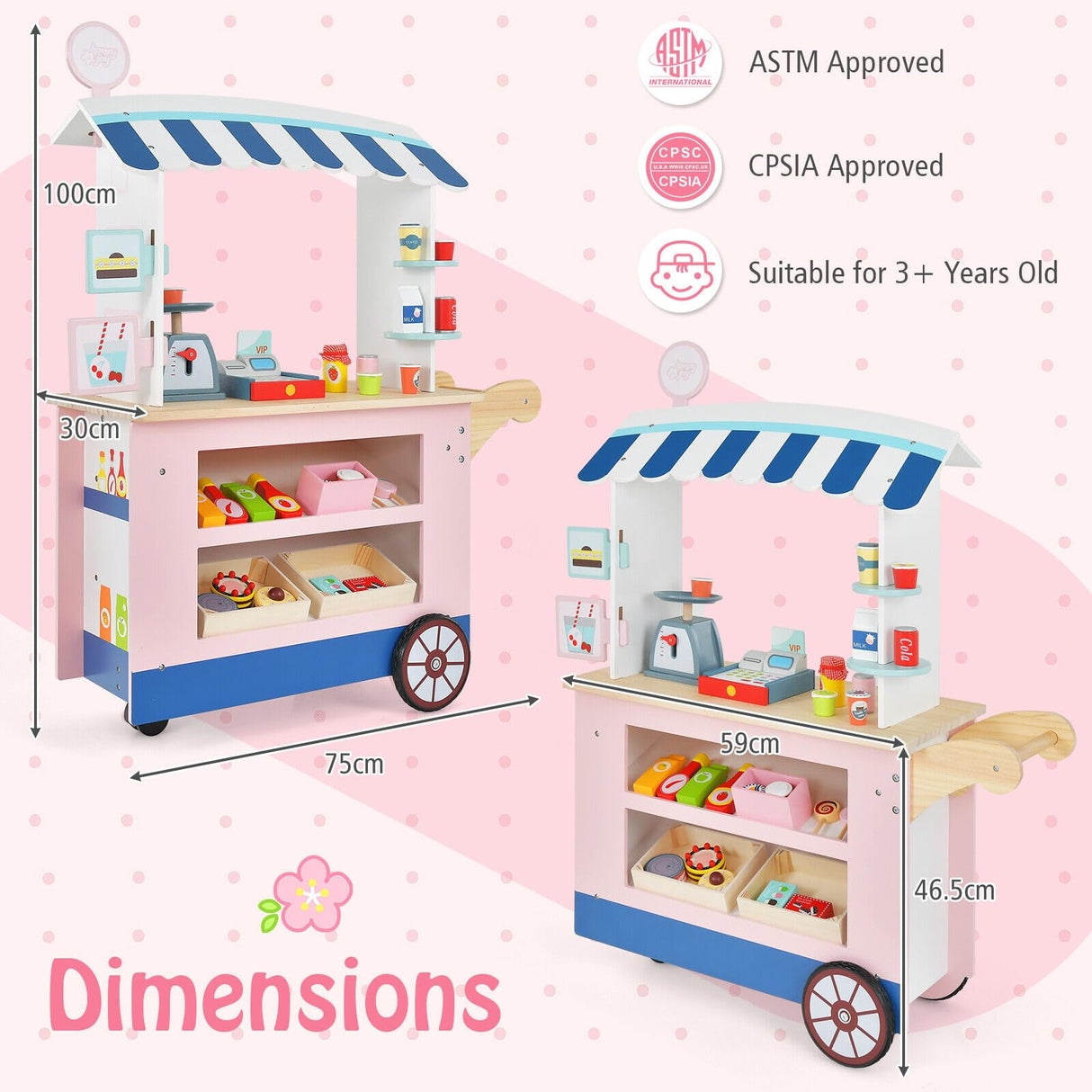 HONEY JOY Wooden Grocery Store Playset, Kids Pretend Role Play Market Stand with Play Food, Beverage Rack