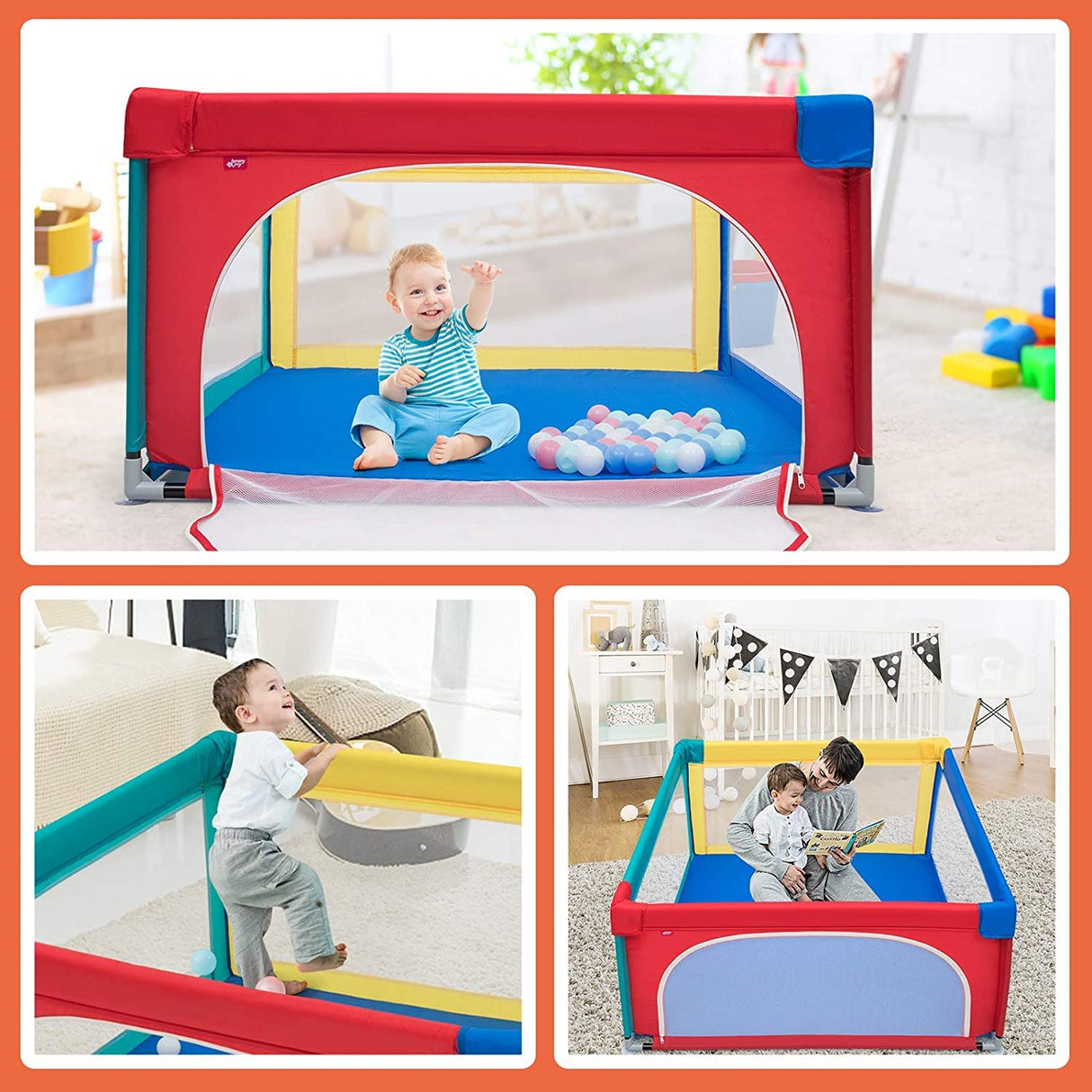 BABY JOY Baby Playpen, 122.5 x 122 x 68 cm Play Yard Safety Gate with 50 Ocean Balls