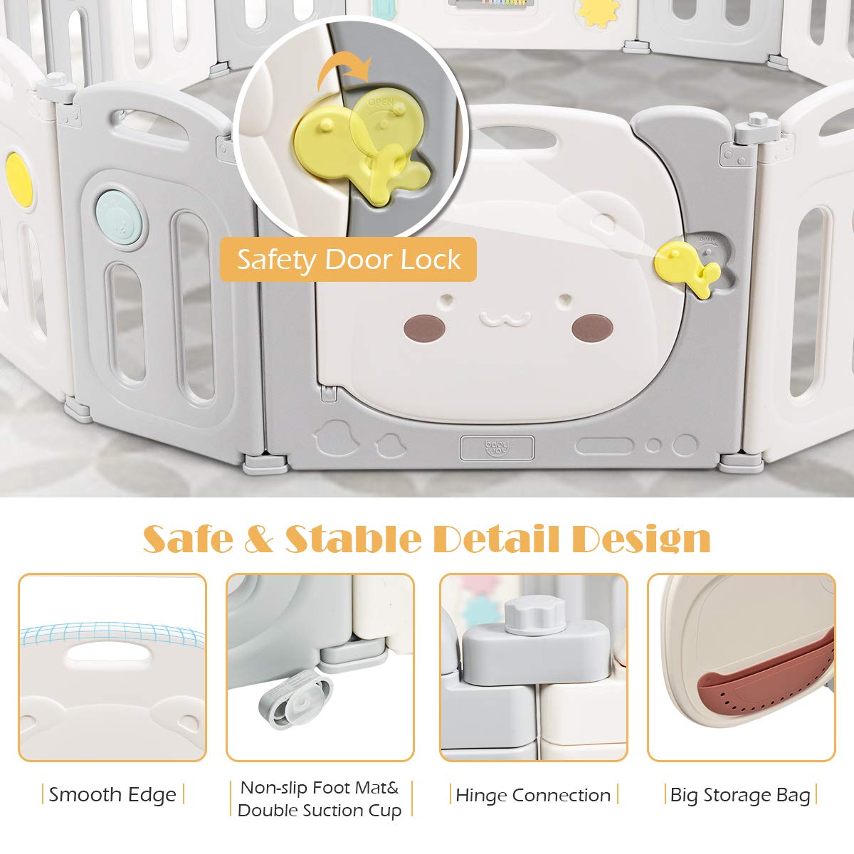 BABY JOY Foldable Baby Playpen 16 Panels, Kids Safety Yard Activity Center with Cute Bear Pattern, Storage Bag, Door with Safety Lock & Educational Toys