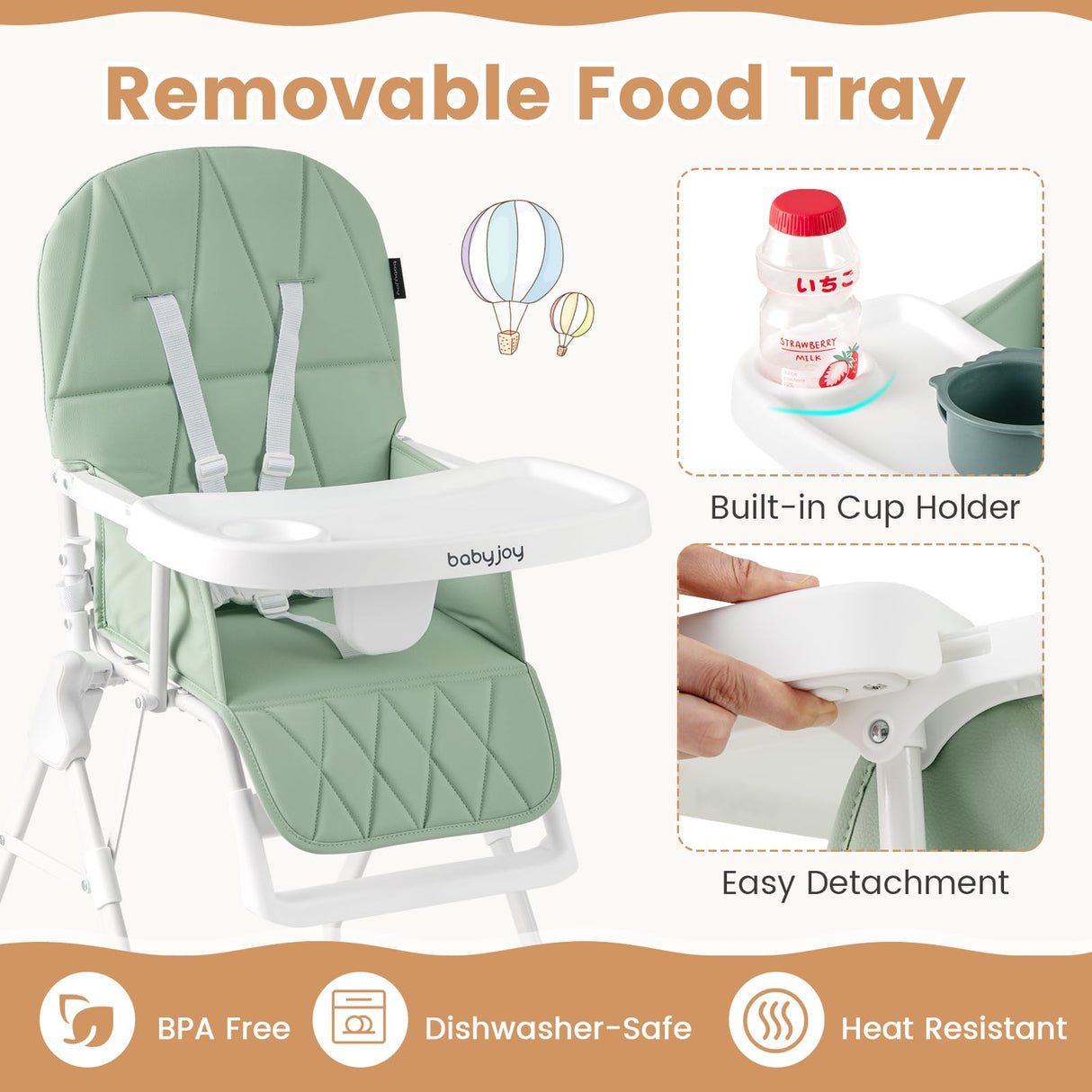 BABY JOY Foldable High Chair, Easy Clean Compact Highchair with Removable Adjustable Tray and PU Seat Cushion