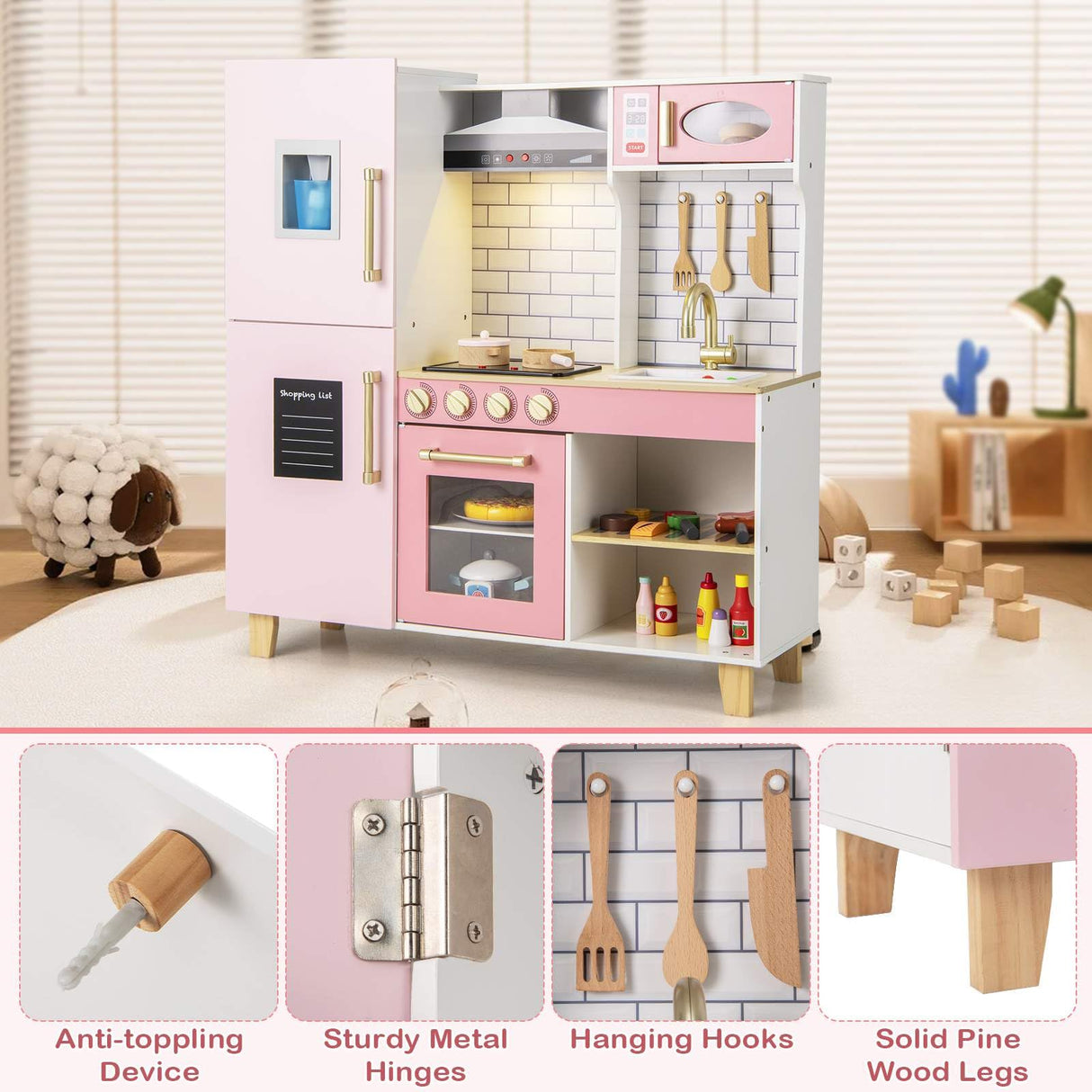 HONEY JOY Kids Kitchen Playset, Wooden Pretend Play Kitchen w/Ice Maker, Range Hood