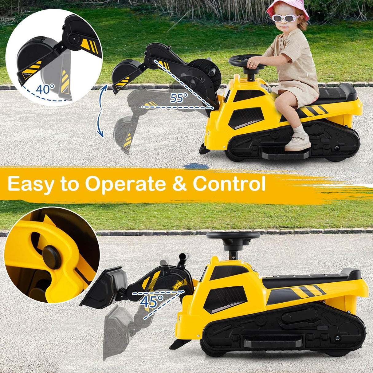 HONEY JOY 3-in-1 Kid Ride on Tractor w/Adjustable Arms, Electric Excavator Bulldozer Toy Road Roller w/Music