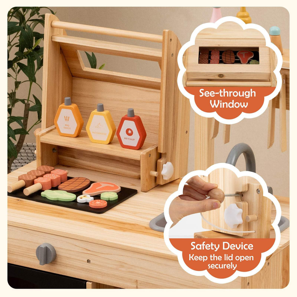 HONEY JOY Wooden Barbecue Grill Playset, Pretend Play Kitchen Set with Play Food, Grilling Tools & Accessories