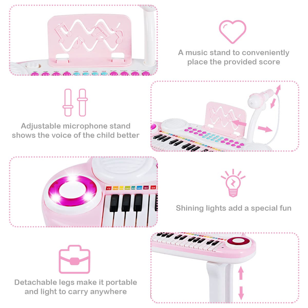 HONEY JOY 37 Keys Kids Piano Keyboard, Electric Organ Musical Instruments with Microphone & Stool (Pink)