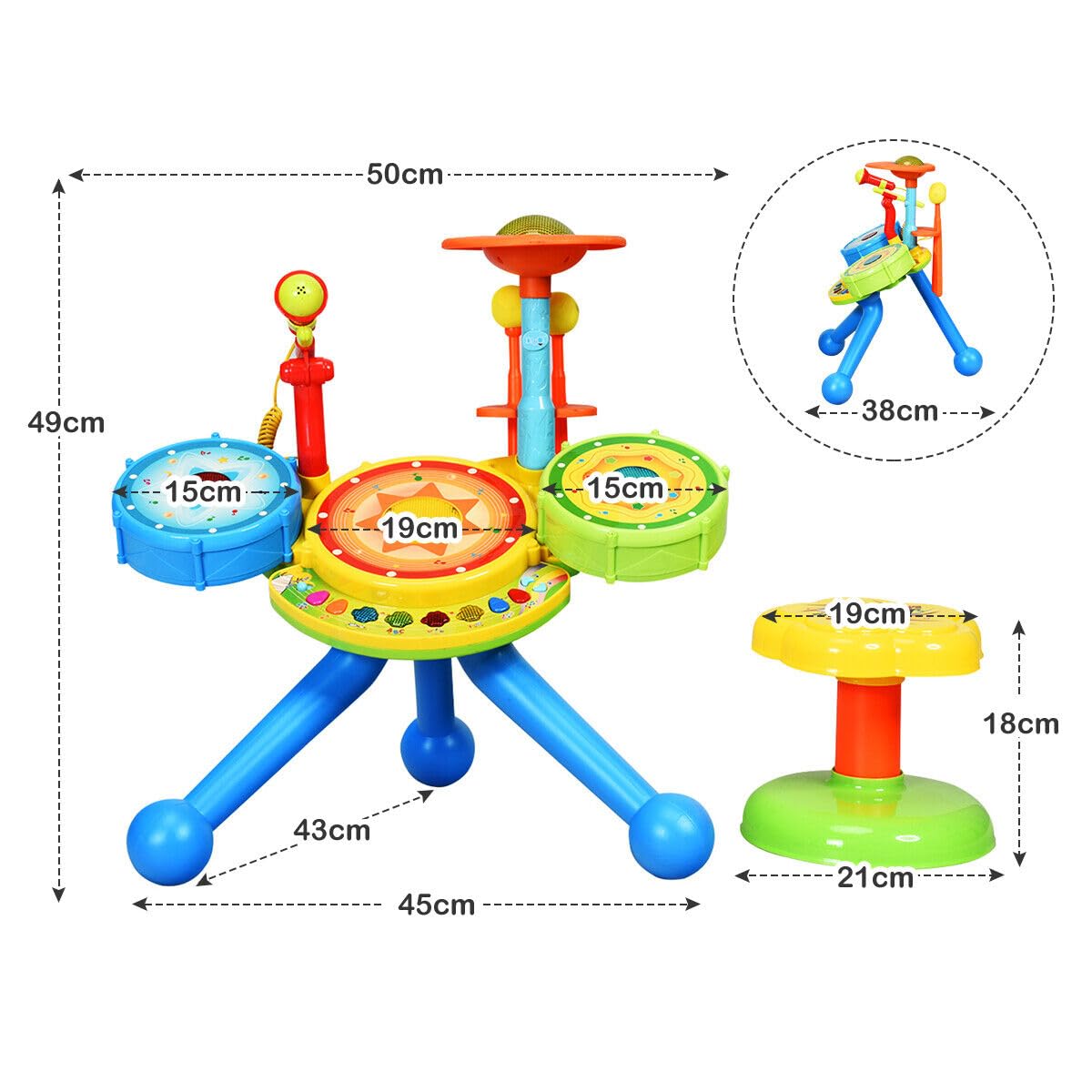 HONEY JOY Kids Drum Set 2-in-1 Electronic Rock Band Musical Drum with Microphone and Chair