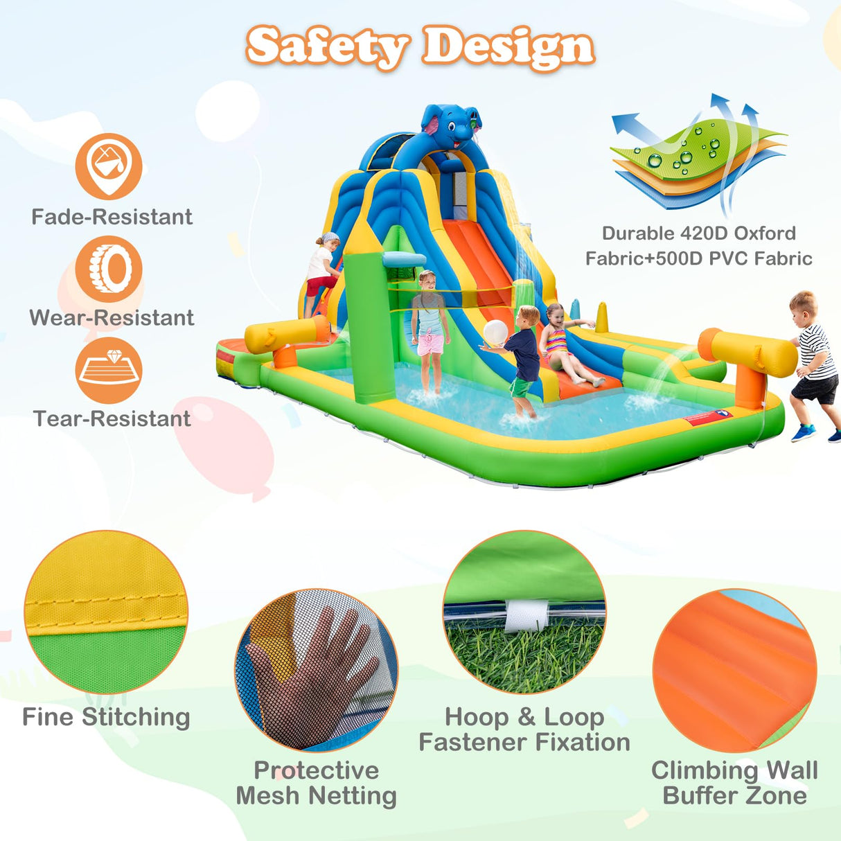 HONEY JOY Inflatable Water Slide, 9-in-1 Water Park Jumping Castle W/Ring-toss Game, Volleyball Area