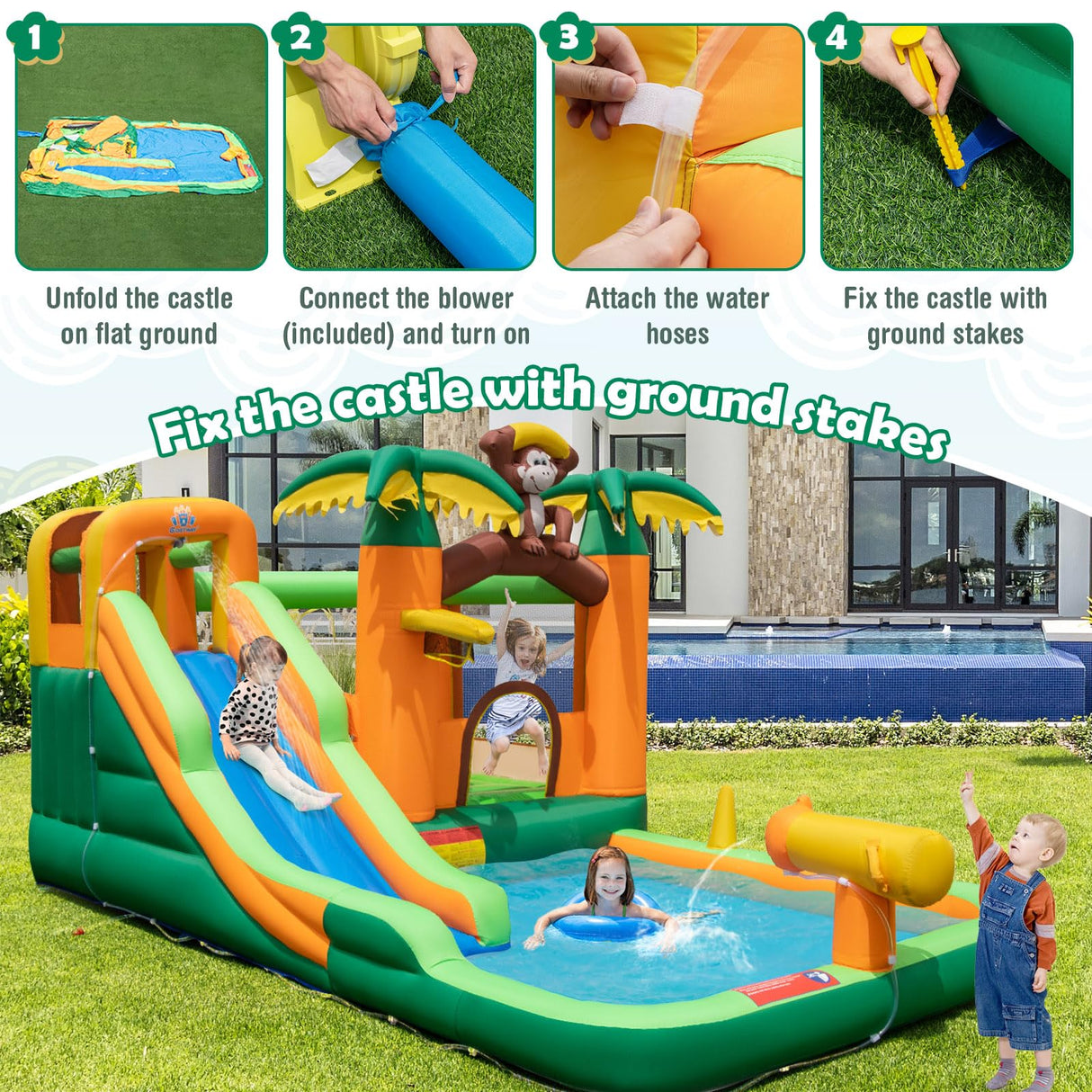 HONEY JOY Inflatable Water Slide, 7-in-1 Bounce House Water Park w/Splash Pool, Water Cannon