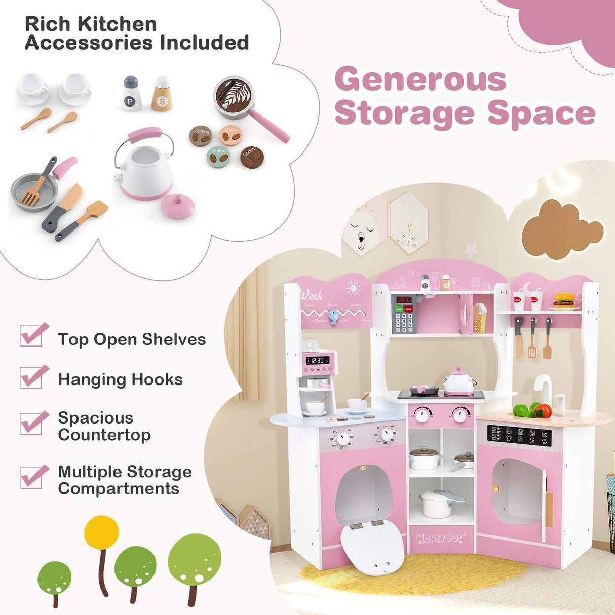 HONEY JOY Corner Wooden Play Kitchen, 18 PCS Pretend Kitchen Playset w/Coffee Machine