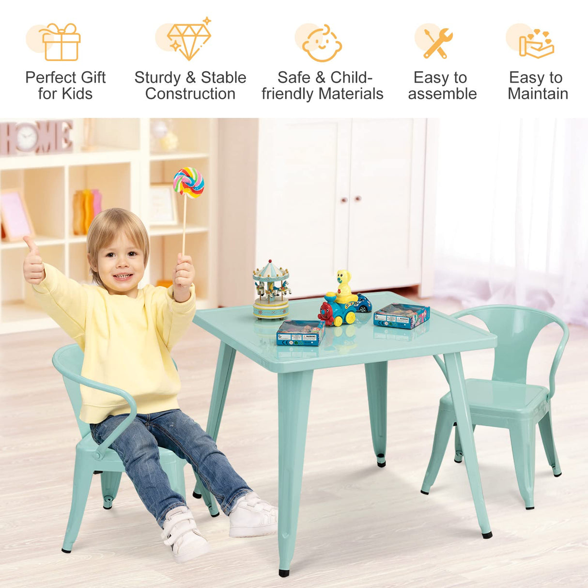 HONEY JOY Kids Table and Chairs Set, Table and 2 Chairs for Children w/Adjustable Non-slip Foot Pads