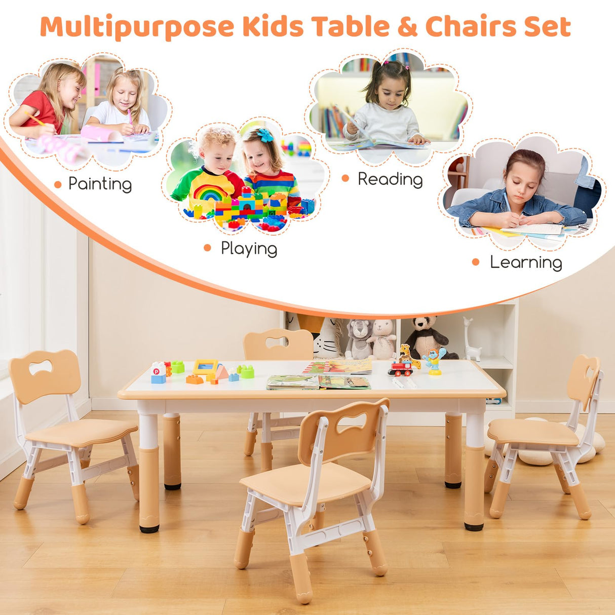 HONEY JOY Kids Table and 4 Chairs Set, Height Adjustable Toddler Desk & Chairs for 3+ Years, Arts Crafts Table w/Graffiti Desktop