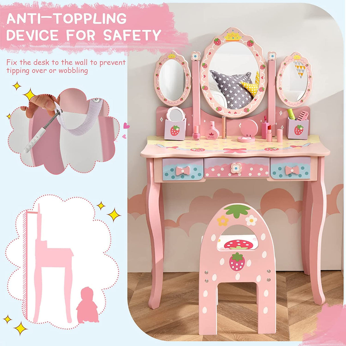 HONEY JOY Kids Vanity Table & Chair Set, Toddler Vanity w/Detachable Top, 2 in 1 Princess Makeup Dressing Table