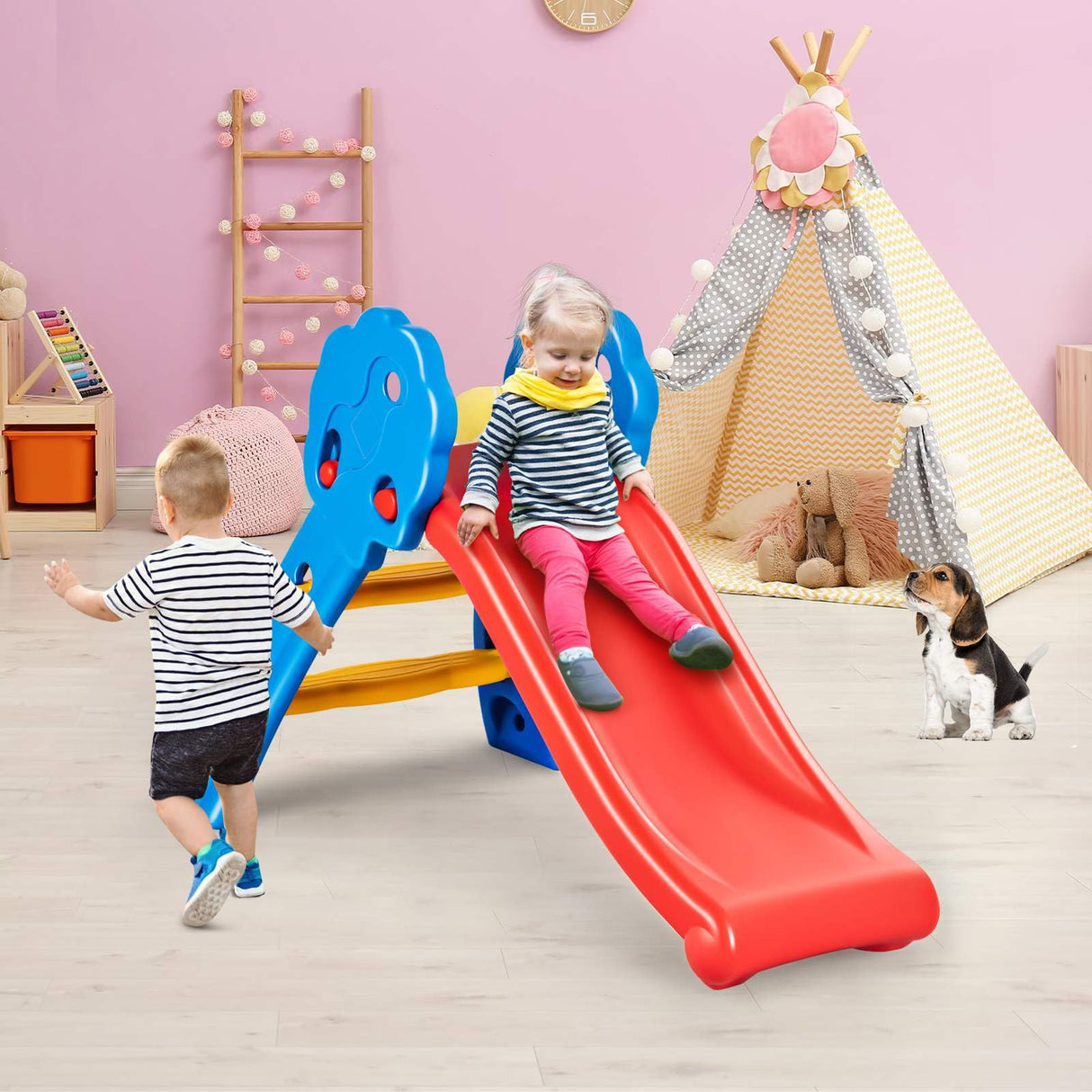 Kids Foldable Slide Toddler Freestanding Slide Toy W/Guardrails Max. Load 50 KG