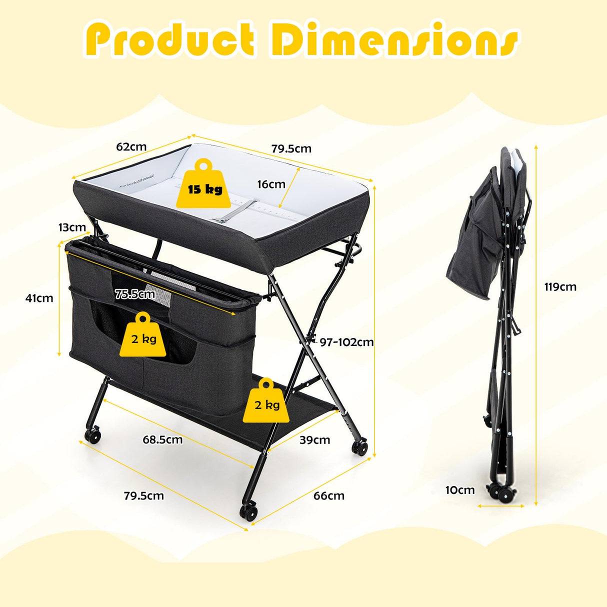 BABY JOY Foldable Baby Changing Table, 4-in-1 Diaper Station w/4 Adjustable Heights & 4 Lockable Wheels