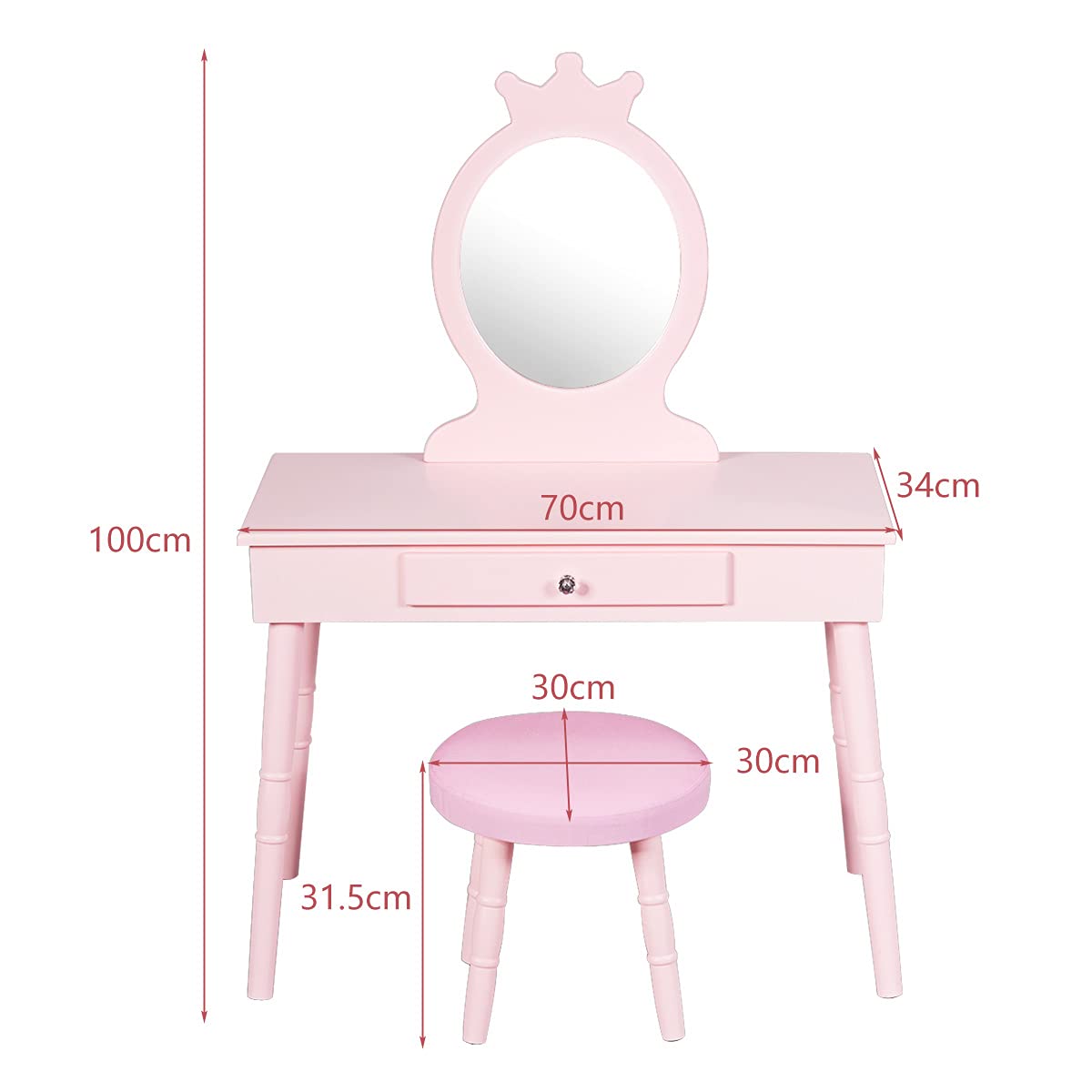 HONEY JOY Kids Vanity Set with Real Mirror & Cushioned Stool, Crown Shape Princess Makeup Dressing Table Stool Set