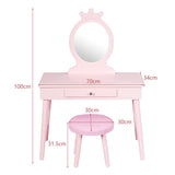 HONEY JOY Kids Vanity Set with Real Mirror & Cushioned Stool, Crown Shape Princess Makeup Dressing Table Stool Set