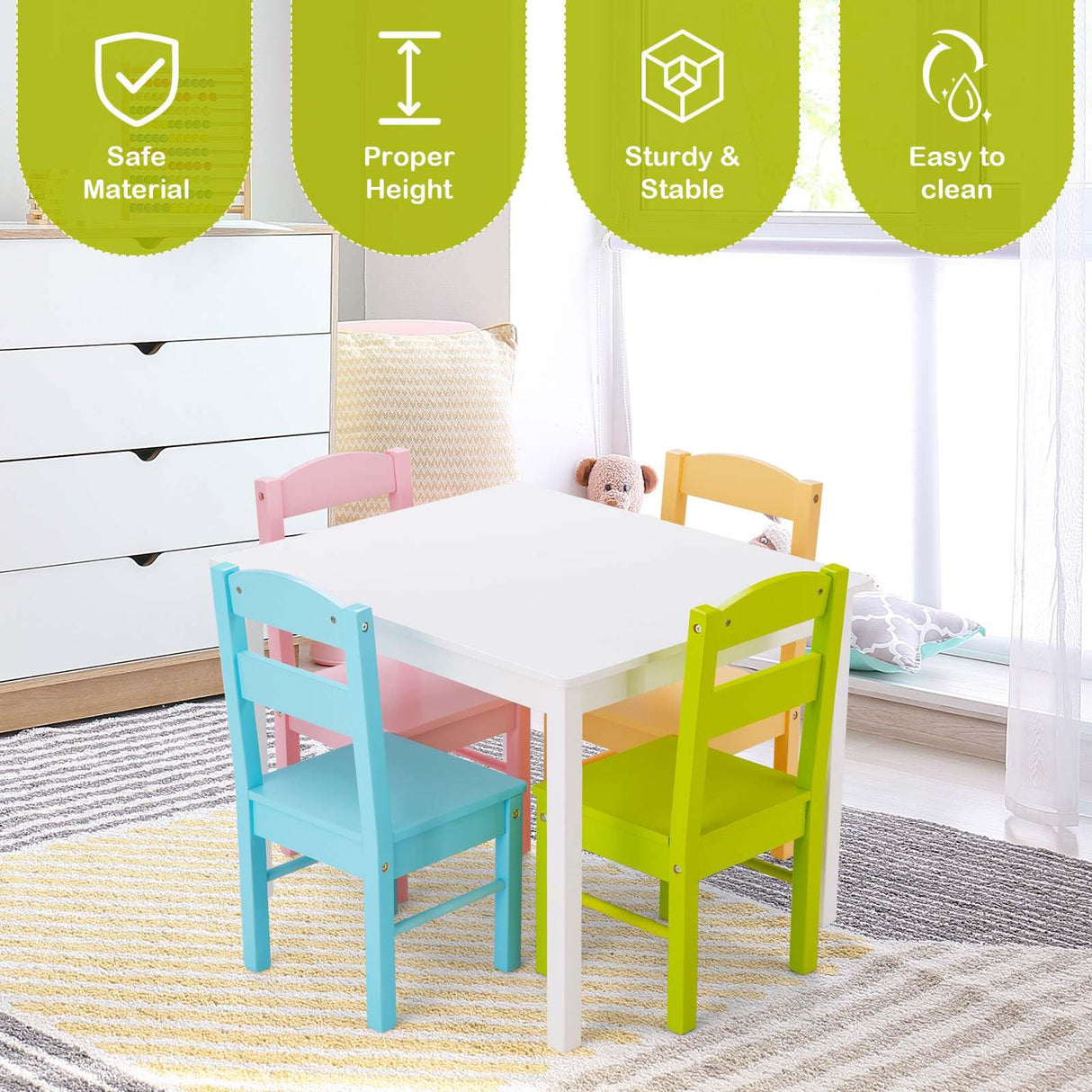 Kids Table and 4 Chairs Set 5 Pieces Wooden Activity Desk for Drawing Reading