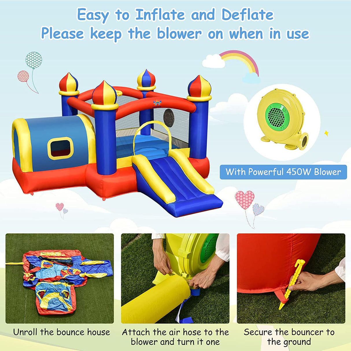 HONEY JOY Inflatable Bounce House, 5 in 1 Bouncy Castle for Kids with Playhouse, Slide, Jumping Area