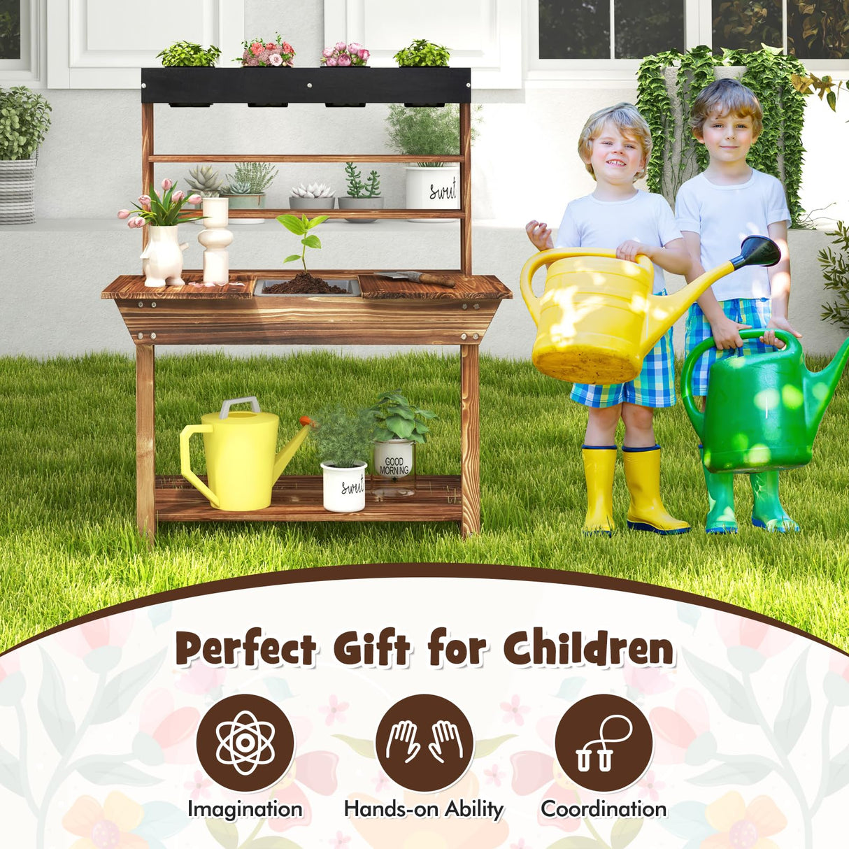 HONEY JOY Kids Potting Bench, Wooden Toy Gardening Center with 4 Pots, Removable Sink and Built-in Chalkboard