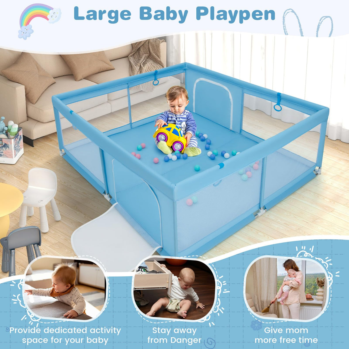 BABY JOY Baby Playpen for Toddlers, 200 x 180 x 68 cm Large Safety Play Yard with 4 Pull Rings & 50 Ocean Balls