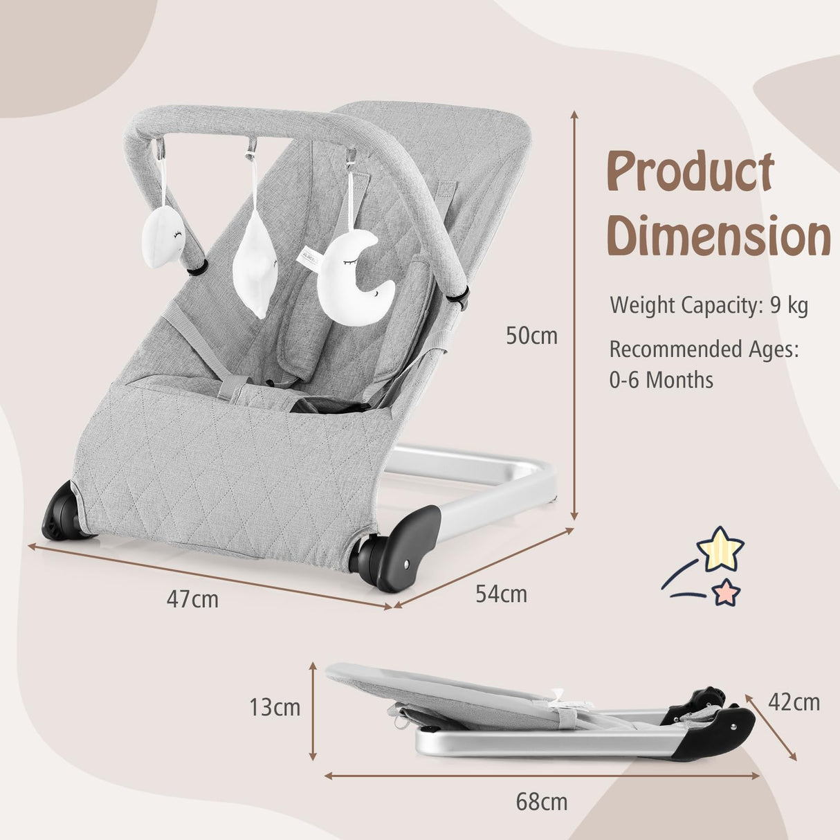 BABY JOY Baby Bouncer, Foldable Baby Rocker with 5-Point Safety Harness